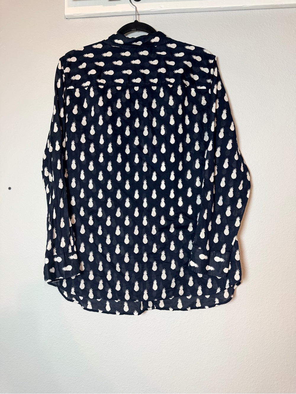 Talbots Women's Navy Blue Pineapple Print Button Up Shirt 1X Cotton Long Sleeve - Picture 3 of 8